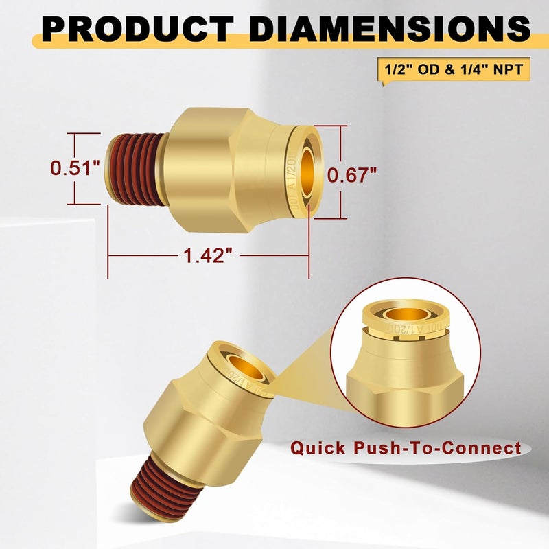 Siptenk 1/2" DOT Brass Push to Connect Air Line Fittings 5 PCS, 1/2" OD Tube x 1/4" NPT Thread Air Brake Line Quick Connect Fittings for Truck Trailers Industry Air System - Image 5